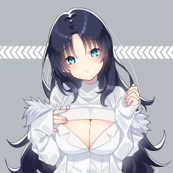Rule 34 | 1girl, black hair, blue eyes, blush, breasts, cleavage, cleavage cutout, clothing cutout, commentary request, dress, fingernails, grey background, hands up, head tilt, long hair, long sleeves, medium breasts, mole, mole under eye, nail polish, okanoyuno, original, parted bangs, parted lips, pink nails, signature, sleeves past wrists, solo, upper body, very long hair, white dress