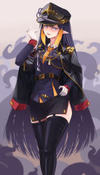 Rule 34 | 1girl, absurdres, gloves, hat, highres, hololive, hololive english, j4ngaro, long hair, long sleeves, military, military hat, military uniform, multicolored hair, ninomae ina&#039;nis, orange hair, peaked cap, pointy ears, purple hair, tentacle hair, tentacles, thighhighs, uniform, virtual youtuber