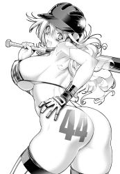 Rule 34 | 1girl, ass, baseball bat, baseball helmet, bikini, breasts, curly hair, curvy, happy, helmet, highres, huge ass, image sample, large breasts, long hair, looking at viewer, looking back, monochrome, motion lines, rakko (r2), sandy bash, solo, star (symbol), suketto sanjou!, swimsuit, tattoo, thick thighs, thighhighs, thighs, thong