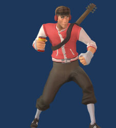 Rule 34 | 1boy, bandaged hand, bandages, blue background, bonk! atomic punch, brown footwear, brown hat, brown pants, can, full body, game screenshot, hat, highres, holding, holding can, male focus, non-web source, pants, red scout (tf2), scout (tf2), shoes, simple background, solo, standing, team fortress 2