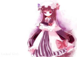 Rule 34 | 1girl, bad id, bad pixiv id, book, bow, chaba (hortensia), dress, female focus, hat, long hair, patchouli knowledge, pink bow, purple eyes, purple hair, solo, striped clothes, striped dress, touhou, vertical-striped clothes, vertical-striped dress, white hat
