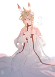 Rule 34 | animal ear fluff, animal ears, blonde hair, blue eyes, blush, chinese clothes, cloud strife, collar, crossdressing, dress, fake animal ears, final fantasy, final fantasy vii, furrowed brow, highres, kneeling, light blush, long dress, long hair, long sleeves, messy hair, mouth hold, rabbit ears, red ribbon, ribbon, ribbon in mouth, silver jewelry, spiked hair, sweatdrop, white wrist cuffs, wrist cuffs, xianyu314