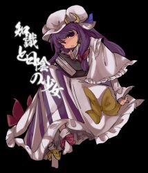 Rule 34 | 1girl, black background, blush, book, bow, crescent, crescent hat ornament, dress, dress bow, embodiment of scarlet devil, hair bow, hat ornament, holding, holding book, long hair, long sleeves, nail polish, patchouli knowledge, purple eyes, purple hair, robe, rrrssr, socks, striped clothes, striped dress, touhou