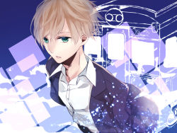 Rule 34 | 1boy, blue background, blue eyes, brown hair, from above, indie utaite, jacket, male focus, niconico, open clothes, open jacket, parted lips, solo, sou (utaite), touketsu, train, utaite