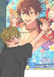 Rule 34 | 2boys, arms up, bead necklace, beads, black shirt, blue eyes, blush, bracelet, brown eyes, brown hair, chinese commentary, commentary request, ensemble stars!, fingernails, floral print, flower, hair between eyes, jewelry, looking at viewer, lower teeth only, male focus, mango (naihowda), morisawa chiaki, multiple boys, necklace, open clothes, open mouth, shirt, short hair, short sleeves, takamine midori, teeth, upper body, water, yaoi