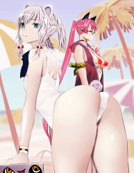 Rule 34 | 2girls, :3, animal ears, ass, bad id, bad pixiv id, bikini, blue eyes, blush, breasts, cleavage, day, covered erect nipples, glasses, large breasts, long hair, looking at viewer, multiple girls, one-piece swimsuit, original, palm tree, pink hair, ponytail, red bikini, small breasts, sweatdrop, swimsuit, tail, tazuma (u283), tree, twintails, white hair, white one-piece swimsuit
