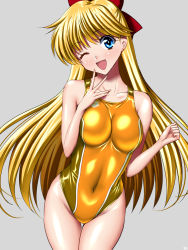 Rule 34 | 1girl, ;d, aino minako, arena (company), bare shoulders, bishoujo senshi sailor moon, blonde hair, blue eyes, blush, bow, breasts, collarbone, competition swimsuit, covered navel, earrings, finger to face, grey background, groin, hair bow, highleg, highleg swimsuit, jewelry, long hair, one-piece swimsuit, one eye closed, open mouth, sen (sansui), shiny clothes, simple background, smile, solo, swimsuit, v