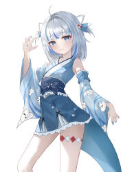Rule 34 | 1girl, absurdres, ahoge, blue eyes, blue hair, blue kimono, blue nails, blue sleeves, blunt bangs, blush, breasts, claw pose, closed mouth, detached sleeves, fang, fins, fish skeleton print, fish tail, gangsoon86, gawr gura, gawr gura (new year), grey hair, head tilt, highres, hololive, hololive english, japanese clothes, kimono, long sleeves, medium hair, multicolored hair, nail polish, obi, sash, shark tail, short kimono, sidelocks, simple background, sleeveless, sleeveless kimono, small breasts, smile, solo, standing, streaked hair, tail, thighs, two side up, virtual youtuber, white background, wide sleeves
