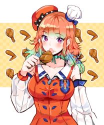Rule 34 | 1girl, 2020, :o, blush, bow, bow choker, bra strap, breasts, chef hat, chicken leg, cleavage, coll (erichankun), detached sleeves, earrings, feather earrings, feathers, food, food on face, food print, fried chicken, gradient hair, hat, hat bow, highres, holding, holding food, hololive, hololive english, jewelry, light green hair, long hair, looking at viewer, medium breasts, multicolored hair, orange hair, orange hat, orange shirt, purple eyes, shirt, sidelocks, sleeveless, sleeveless shirt, solo, takanashi kiara, takanashi kiara (1st costume), virtual youtuber