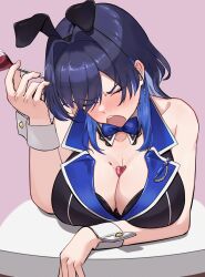 Rule 34 | 1girl, animal ears, blue hair, blush, bow, bowtie, breasts, bunny garden, bust cup, cleavage, cup, drinking glass, drunk, earrings, eipanguino, fake animal ears, hair intakes, highres, hololive, hololive english, jewelry, large breasts, multicolored hair, nontraditional playboy bunny, open mouth, ouro kronii, rabbit ears, short hair, solo, virtual youtuber, wine glass, wrist cuffs