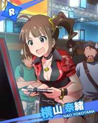 Rule 34 | 10s, 1girl, 3boys, :d, ahoge, bandai namco, bracelet, breasts, brown hair, character name, choker, cleavage, crop top, d:, idolmaster, idolmaster million live!, jewelry, medium breasts, midriff, multiple boys, navel, necklace, official art, open mouth, pendant, playing games, purple eyes, shorts, side ponytail, smile, sweatdrop, video game, wristband, yokoyama nao