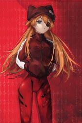Rule 34 | 1girl, artist request, bodysuit, bodysuit under clothes, brown hair, expressionless, eyepatch, hands in pockets, hat, highres, jacket, long hair, neon genesis evangelion, pilot suit, plugsuit, rebuild of evangelion, red background, red bodysuit, red jacket, shiny clothes, simple background, solo, souryuu asuka langley, very long hair