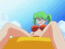 Rule 34 | 00s, 1girl, animated, animated gif, bikini, blush, bouncing breasts, breasts, cloud, eiken, glasses, green hair, innertube, large breasts, navel, swim ring, swimsuit, tororo (character), twintails, water