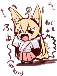 Rule 34 | 1girl, = =, animal ears, blonde hair, chibi, closed eyes, fox ears, fox girl, fox tail, full body, hair between eyes, hakama, hakama skirt, japanese clothes, long hair, long sleeves, miko, open mouth, original, outstretched arms, pink hakama, sketch, skirt, solo, standing, tail, translation request, very long hair, wavy mouth, white background, wide sleeves, yuuji (yukimimi)