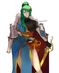 Rule 34 | 1girl, absurdres, armor, blush, boots, breasts, dress, earrings, fingerless gloves, fire emblem, fire emblem: the blazing blade, fire emblem heroes, gloves, green eyes, green hair, high ponytail, highres, holding, holding sword, holding weapon, jewelry, long hair, looking at viewer, lyn (fire emblem), nintendo, ponytail, simple background, solo, sword, very long hair, weapon, white background
