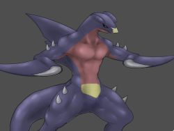 Rule 34 | abs, claws, creatures (company), dark background, dragon, game freak, garchomp, gen 4 pokemon, grey background, highres, looking to the side, muscular, nintendo, no humans, pokemon, pokemon (creature), thorns