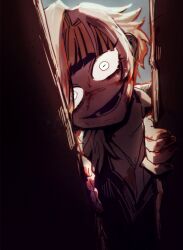 Rule 34 | 1girl, blonde hair, blood, blood on hands, collared shirt, crazy eyes, crazy smile, doorway, fingernails, highres, kromer (project moon), limbus company, looking at viewer, multicolored hair, open mouth, opening door, portrait, pov doorway, project moon, shirt, short hair, sidelocks, smile, solo, streaked hair, surumenabe, white eyes, white hair, white shirt