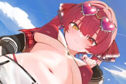 Rule 34 | 1girl, absurdres, bikini, bikini under shorts, black jacket, blue sky, breasts, covered erect nipples, from below, gold necklace, heart, heart necklace, heterochromia, highres, hololive, houshou marine, houshou marine (summer), jacket, jewelry, large breasts, long hair, looking at viewer, looking down, necklace, official alternate costume, open clothes, open jacket, purple-tinted eyewear, red bikini, red eyes, red hair, shorts, sky, solo, swimsuit, tinted eyewear, twintails, virtual youtuber, white shorts, yellow eyes, yuzuyukiha