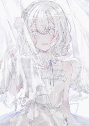Rule 34 | 1girl, :d, absurdres, angel, angel wings, artist name, bare shoulders, collar, collarbone, daisy, dress, dress flower, driedflower, flower, frilled collar, frilled dress, frills, hair between eyes, hair flower, hair ornament, halo, hand up, highres, looking at viewer, medium hair, open mouth, original, parted lips, pinching gesture, purple ribbon, ribbon, signature, smile, solo, star (symbol), star hair ornament, transparent wings, uneven eyes, wavy hair, white collar, white dress, white eyes, white flower, white hair, white theme, white wings, wings