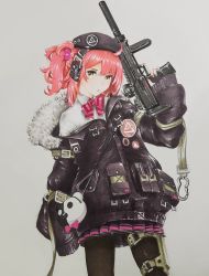 Rule 34 | 1girl, absurdres, candy, food, fur trim, girls&#039; frontline, gun, h&amp;k mp7, highres, lollipop, machine pistol, mp7 (girls&#039; frontline), personal defense weapon, rabe26k, red hair, side ponytail, solo, submachine gun, suppressor, traditional media, weapon, yellow eyes