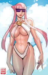 Rule 34 | 1girl, abs, bare shoulders, bikini, blue eyes, breasts, calvin sims, cloud, highres, large breasts, manon legrand, one-piece swimsuit, pink hair, sleeveless, street fighter, street fighter 6, sunglasses, swimsuit, underboob