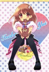 Rule 34 | 1girl, absurdres, ahoge, black thighhighs, blush, brown eyes, brown hair, chocolate, crease, dengeki hime, english text, flyable heart, gift, hair ornament, hairclip, heart, heart ahoge, highres, holding, holding gift, inaba yui, incoming gift, ito noizi, mouth hold, red eyes, scan, school uniform, short hair, sitting, skirt, smile, solo, thighhighs