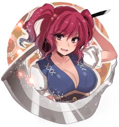 Rule 34 | 1girl, asa (coco), breasts, cleavage, eyebrows, hair bobbles, hair ornament, large breasts, onozuka komachi, open mouth, outside border, puffy short sleeves, puffy sleeves, red eyes, red hair, round image, scythe, short sleeves, simple background, solo, touhou, twintails, two side up, upper body, white background