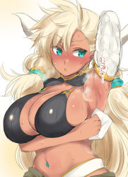 Rule 34 | 10s, 1girl, :o, almeida (granblue fantasy), aqua eyes, arm up, arm warmers, armpits, bare shoulders, bikini, black bikini, blonde hair, blush, breast hold, breasts, cleavage, dark-skinned female, dark skin, detached sleeves, draph, eyebrows, eyes visible through hair, gradient background, granblue fantasy, hair ornament, holding, horns, huge breasts, large breasts, long hair, looking away, looking to the side, mitsugi, navel, navel piercing, nose blush, open mouth, piercing, pointy ears, raised eyebrow, revealing clothes, shiny clothes, simple background, sketch, skindentation, solo, steam, swimsuit, towel, tsurime, upper body, very long hair, white background, wiping sweat