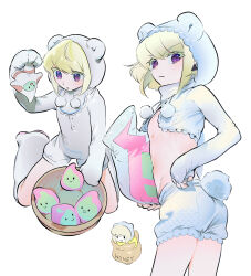 Rule 34 | 1boy, absurdres, alternate costume, animal hood, ass, basket, bear hood, bear tail, blonde hair, earrings, fake tail, highres, holding, holding pillow, honeypot, hood, jewelry, km (ksolee1201), lio fotia, pillow, pom pom (clothes), promare, purple eyes, short hair, shorts, simple background, stuffed toy, tail, trap, triangle earrings, white background, white shorts