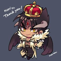 Rule 34 | 1boy, bare pectorals, belt, black hair, black pants, black wings, brown belt, chain, chest tattoo, chibi, claws, commission, crown, devil jin, forehead jewel, grey background, kazama jin, kotorai, male focus, no nose, pants, pectorals, simple background, skeb commission, smile, solo, tattoo, tekken, thank you, thick eyebrows, v-shaped eyebrows, wings, yellow eyes