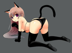 Rule 34 | 1girl, all fours, animal ears, animal hands, ass, bikini, bikini top only, black thighhighs, breasts, cat ears, cat girl, cat tail, female focus, full body, gloves, long hair, looking back, open mouth, original, paw gloves, pink hair, purple eyes, simple background, solo, swimsuit, tail, thighhighs, underboob, yasagure yukito