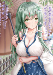 Rule 34 | 1girl, :o, akino irori, arm under breasts, arms up, bare shoulders, blue skirt, blurry, blurry foreground, breasts, cleavage, collarbone, commentary request, day, detached sleeves, fence, flower, frog hair ornament, green eyes, green hair, hair ornament, hair tubes, highres, holding, holding umbrella, kochiya sanae, large breasts, light blush, long hair, looking at viewer, oil-paper umbrella, outdoors, partial commentary, patterned clothing, skirt, snake hair ornament, solo, standing, touhou, umbrella, upper body, very long hair, wisteria, wooden fence