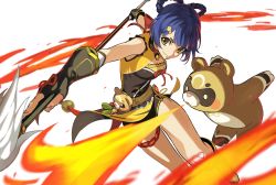 Rule 34 | 1girl, absurdres, animal, black gloves, blue hair, braid, braided hair rings, breasts, bum hico, fingerless gloves, fire, genshin impact, gloves, guoba (genshin impact), hair ornament, hair rings, hairclip, highres, holding, holding polearm, holding weapon, mixed-language commentary, polearm, short hair, simple background, sleeveless, small breasts, smile, spear, thigh strap, vision (genshin impact), weapon, white background, yellow eyes