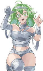 Rule 34 | 1girl, absurdres, bandages, boku no hero academia, claw pose, fengling (furin-jp), green eyes, green hair, hagakure tooru, halloween costume, hands up, highres, long hair, looking at viewer, messy hair, mummy, mummy costume, naked bandage, navel, simple background, solo, unusually visible, white background