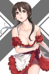 Rule 34 | 1girl, asashin (kazami-tomo), breasts, brown eyes, brown hair, cleavage, collarbone, dirndl, dress, german clothes, gertrud barkhorn, highres, large breasts, simple background, solo, strike witches, twintails, world witches series