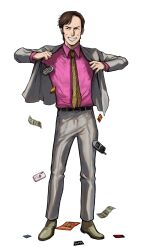 Rule 34 | 1boy, absurdres, animification, banknote, blue eyes, breaking bad, brown hair, brown necktie, cellphone, collared shirt, dollar bill, full body, green footwear, grey jacket, grey pants, headset, hello kitty, hello kitty (character), highres, jacket, looking to the side, ma2 ereki, male focus, money, necktie, open clothes, open jacket, pants, parted lips, phone, pink shirt, sanrio, saul goodman, shirt, shoes, smile, solo, v-shaped eyebrows