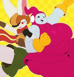 Rule 34 | 10s, 2girls, animal ears, belly, black eyes, breasts, checkered background, dragon ball, dragon ball super, eric lowery, eyelashes, fat, gloves, hat, highres, huge breasts, midriff, multiple girls, open mouth, pointy ears, rabbit, red eyes, ribrianne, scarf, shirt, shorts, simple background, sorrel, sssonic2, tongue, yellow background