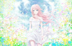 Rule 34 | 1girl, blue eyes, colorful, dress, highres, long hair, looking at viewer, megurine luka, nuwanko, petals, pink hair, smile, solo, vocaloid, white dress