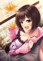 Rule 34 | 1boy, 1girl, :d, absurdres, blush, breasts, brown hair, brown sweater, camisole, cleavage, collarbone, commentary request, drawstring, fang, feeding, fingernails, floral print, food, frilled camisole, frills, fruit, green eyes, hair between eyes, hasumi (hasubatake39), highres, holding, holding food, hood, hood down, hooded jacket, idolmaster, idolmaster cinderella girls, incoming food, jacket, kotatsu, long hair, long sleeves, maekawa miku, mandarin orange, medium breasts, open clothes, open jacket, open mouth, pink jacket, pov feeding, print camisole, purple camisole, ribbed sweater, sitting, sitting on lap, sitting on person, sleeves past wrists, smile, solo focus, sweater, table