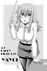 Rule 34 | 10s, 1girl, :d, blush, breasts, dated, english text, glasses, greyscale, happy birthday, ichinose yayoi, large breasts, long hair, long riders!, looking at viewer, miyake taishi, monochrome, open mouth, pantyhose, pencil skirt, pointer, skirt, smile, solo, teacher