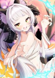 Rule 34 | 1girl, :d, animal ears, bandaged chest, bandages, bare shoulders, bow, breasts, cat ears, claw pose, eat some cookie, frills, grey hair, hair bow, halloween, highres, hololive, long hair, midriff, murasaki shion, murasaki shion (gothic lolita), navel, open mouth, pumpkin, small breasts, smile, stomach, very long hair, virtual youtuber, yellow eyes