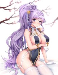Rule 34 | 1girl, azur lane, banglinh1997, blush, branch, breast curtains, breasts, colored eyelashes, commission, dress, fire emblem, fire emblem: genealogy of the holy war, fire emblem heroes, flower, garter straps, gloves, hair flower, hair ornament, half gloves, highres, ishtar (fire emblem), large breasts, long hair, looking at viewer, nintendo, no bra, official alternate costume, ponytail, purple eyes, purple hair, rose, simple background, sirius (azur lane), sirius (azure horizons) (azur lane), sitting, solo, thighhighs, white garter straps, white gloves, white thighhighs, yellow flower, yellow rose