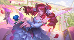 Rule 34 | + +, 1girl, bare shoulders, blue flower, blue rose, crystal rose gwen, dark duck, detached sleeves, dress, drill hair, dutch angle, flower, gwen (league of legends), hair flower, hair ornament, highres, layered dress, league of legends, lips, long hair, looking at viewer, official alternate costume, official alternate hairstyle, oversized object, red eyes, red hair, rose, solo, strapless, strapless dress, twin drills