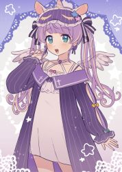 Rule 34 | 1girl, angel wings, animal ears, arm at side, arm cutout, blue eyes, blush, border, commentary, cowboy shot, detached wings, dress, earrings, halter dress, halterneck, hand up, highres, jewelry, lace, lace border, long hair, looking at viewer, mini wings, mixed-language commentary, mochi hiyoko, mochipro, multicolored hair, nightgown, open mouth, ornate border, purple hair, purple nails, purple nightgown, remotarou, short dress, sleep mask, smile, solo, standing, star (symbol), starry background, streaked hair, twintails, unicorn horn, virtual youtuber, white dress, wings