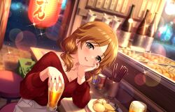 Rule 34 | 1girl, breasts, brown eyes, brown hair, cleavage, cup, drinking glass, food, game cg, idolmaster, idolmaster cinderella girls, idolmaster cinderella girls starlight stage, katagiri sanae, medium breasts, official art, plate, solo, sparkle