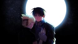 Rule 34 | 1boy, 1girl, back turned, black eyes, black hair, black shirt, blonde hair, coat, fullmetal alchemist, gloves, hand on another&#039;s chest, highres, looking at another, military, military uniform, moon, night, night sky, riza hawkeye, roy mustang, shirt, short hair, sky, smile, uniform