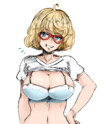 Rule 34 | 1girl, annie brown, blonde hair, blue eyes, bra, breasts, cleavage, colorized, large breasts, looking at viewer, red-framed eyewear, shimoneta to iu gainen ga sonzai shinai taikutsu na sekai, short hair, simple background, smile, solo, the golden smurf, underwear, white background