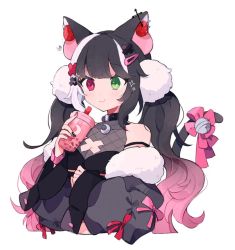Rule 34 | 1girl, animal ears, black hair, colored tips, commission, green eyes, hair ornament, hairclip, indie virtual youtuber, long hair, multicolored hair, pink hair, pom pom (clothes), pom pom hair ornament, qiu yue (vtuber), skeb commission, solo, tabemon oishi, tail, tail ornament, twintails, virtual youtuber, white background, white hair