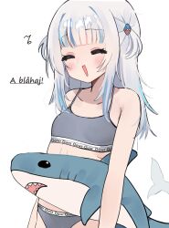 Rule 34 | 1girl, absurdres, blue hair, blunt bangs, blush, breasts, closed eyes, fins, fish tail, gawr gura, grey hair, grey panties, grey sports bra, hair ornament, highres, holding, holding stuffed toy, hololive, hololive english, ikea shark, long hair, looking at viewer, meiwowowo, multicolored hair, musical note, open mouth, panties, shark girl, shark hair ornament, shark tail, short sleeves, small breasts, smile, solo, spoken musical note, sports bra, streaked hair, stuffed animal, stuffed shark, stuffed toy, tail, two side up, underwear, underwear only, underwear writing, upper body, virtual youtuber, white background