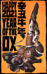 Rule 34 | 1girl, 2021, abs, absurdres, animal print, arms behind head, axis (monori rogue), bell, bikini, bikini under clothes, black border, black footwear, black hair, black hat, boots, border, breasts, chinese zodiac, cleavage, collar, commentary, covered erect nipples, cow print, cow tail, cowbell, cowboy, cowboy boots, cowboy hat, cowboy western, crossed ankles, dark-skinned female, dark skin, denim, denim shorts, english commentary, facial mark, fake horns, fake tail, happy new year, hat, highleg, highleg bikini, highres, horned headwear, horns, large breasts, legs together, legs up, lips, looking at viewer, makeup, mascara, micro bikini, monori rogue, multicolored hair, neck bell, new year, open fly, orange background, original, print thighhighs, red eyes, short hair, short shorts, shorts, skindentation, solo, swimsuit, tail, thighhighs, thighs, two-tone hair, underboob, upside-down, western, white hair, year of the ox